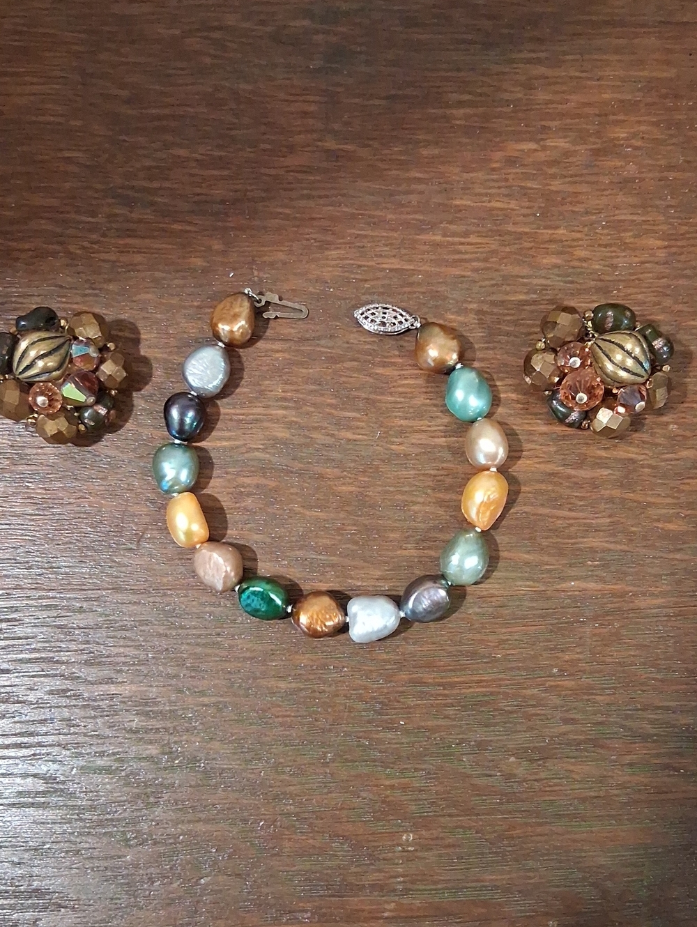 Multicolor Freshwater Pearl Bracelet with Gold Accent Clasp & Clip On Earrings
